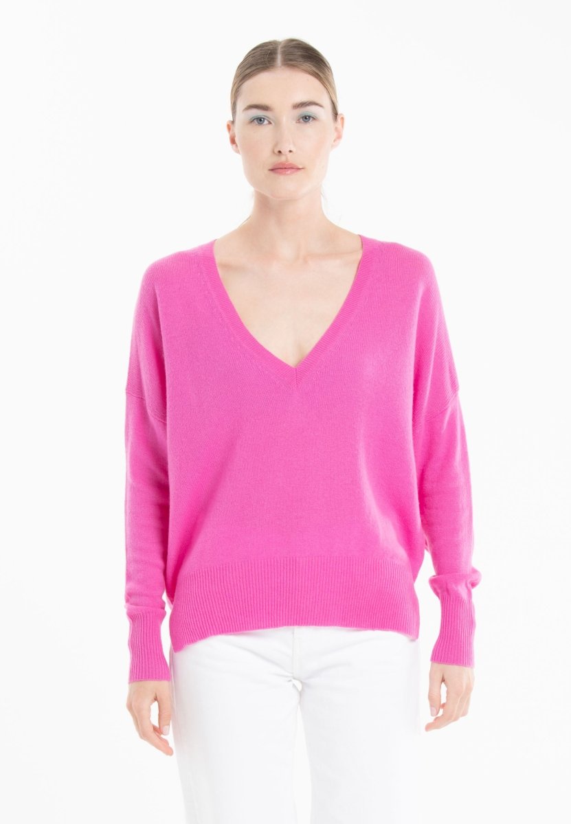 Pull col V cachemire rose barbie femme - RIA 3-0