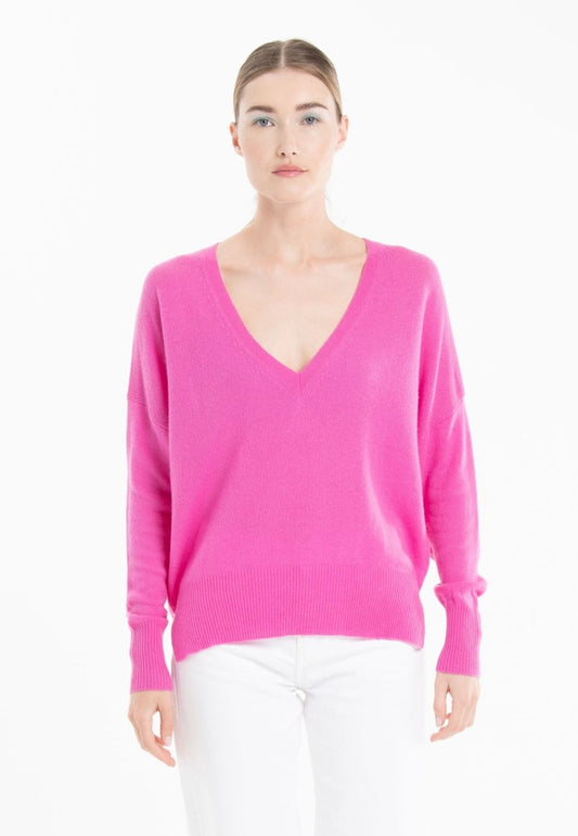 Pull col V cachemire rose barbie femme - RIA 3-0
