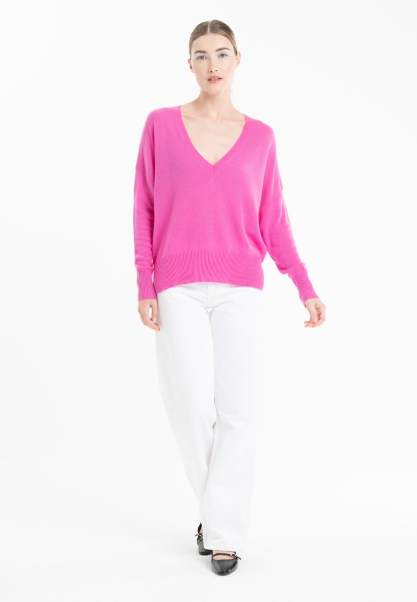 Pull col V cachemire rose barbie femme - RIA 3-1